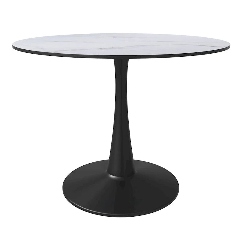 Table à manger ronde sur pied pour 4 personnes, noire / blanche / blanc veiné, plateau en MDF